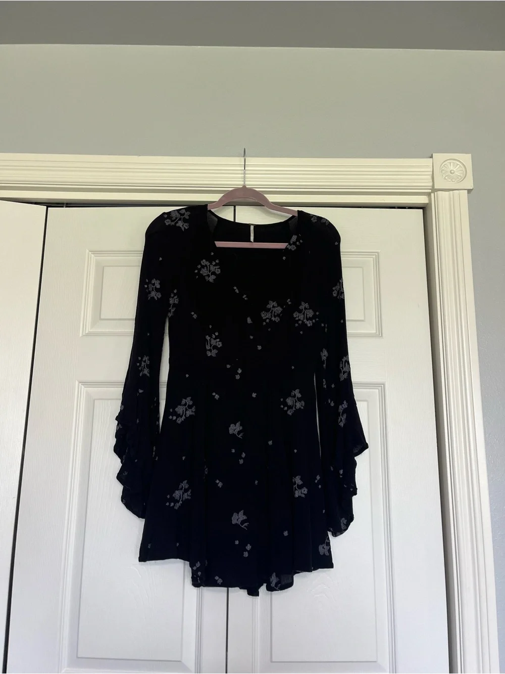 Free People Black Floral V-Neck Long Sleeve Jasmine Mini Dress